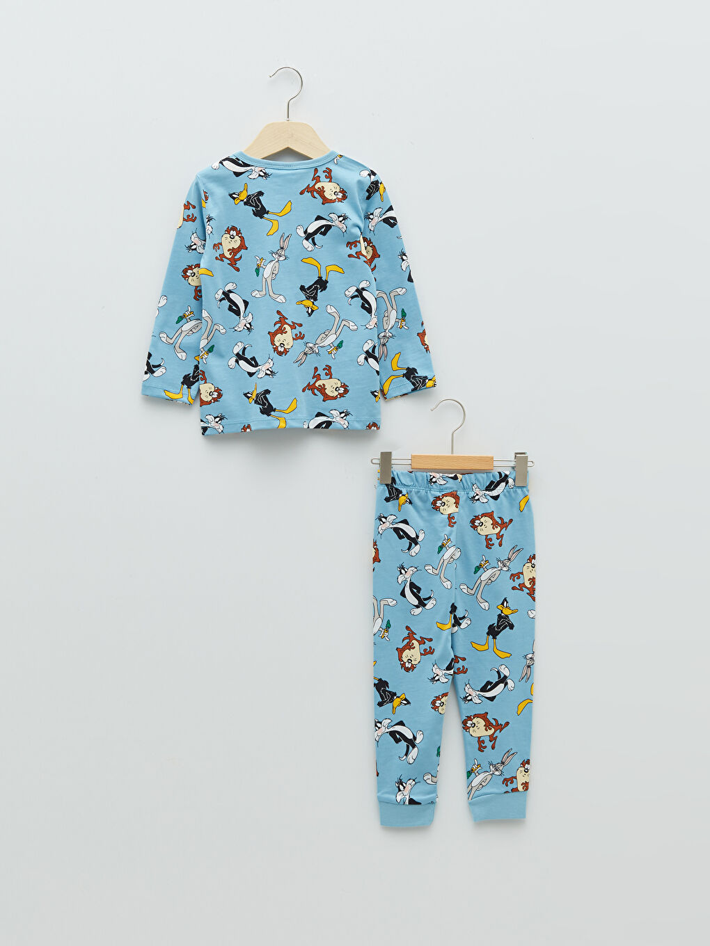 Mavi Bisiklet Yaka Uzun Kollu Tazmanya Canavarı Baskılı Erkek Bebek Pijama Takımı-1