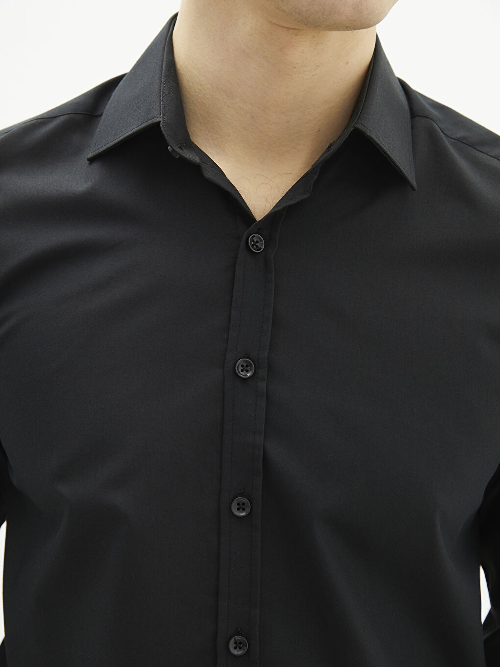 Siyah Slim Fit Uzun Kollu Poplin Erkek Gömlek-3