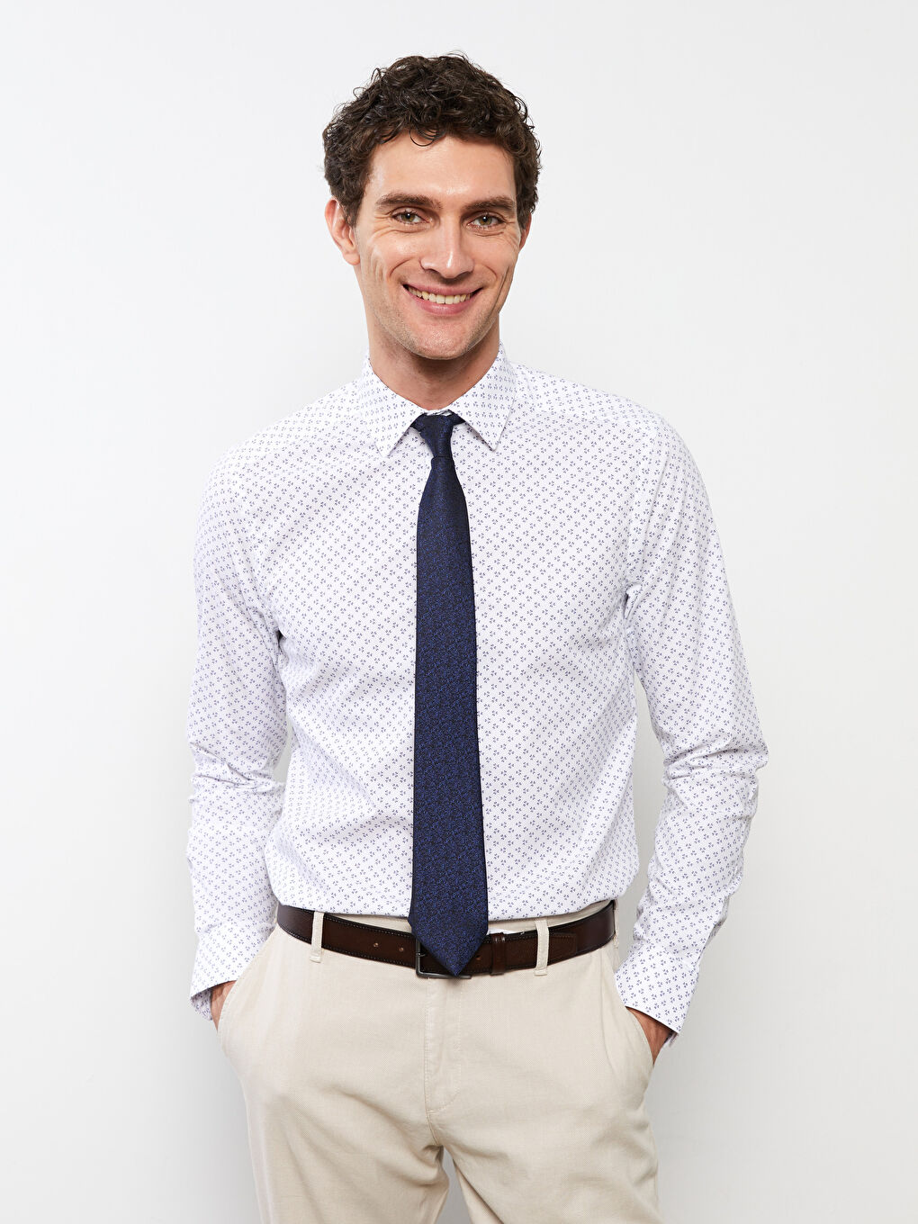 Beyaz Slim Fit Uzun Kollu Desenli Poplin Erkek Gömlek
