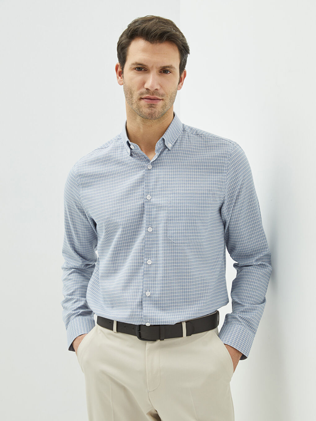 Gri Regular Fit Uzun Kollu Ekose Gabardin Erkek Gömlek