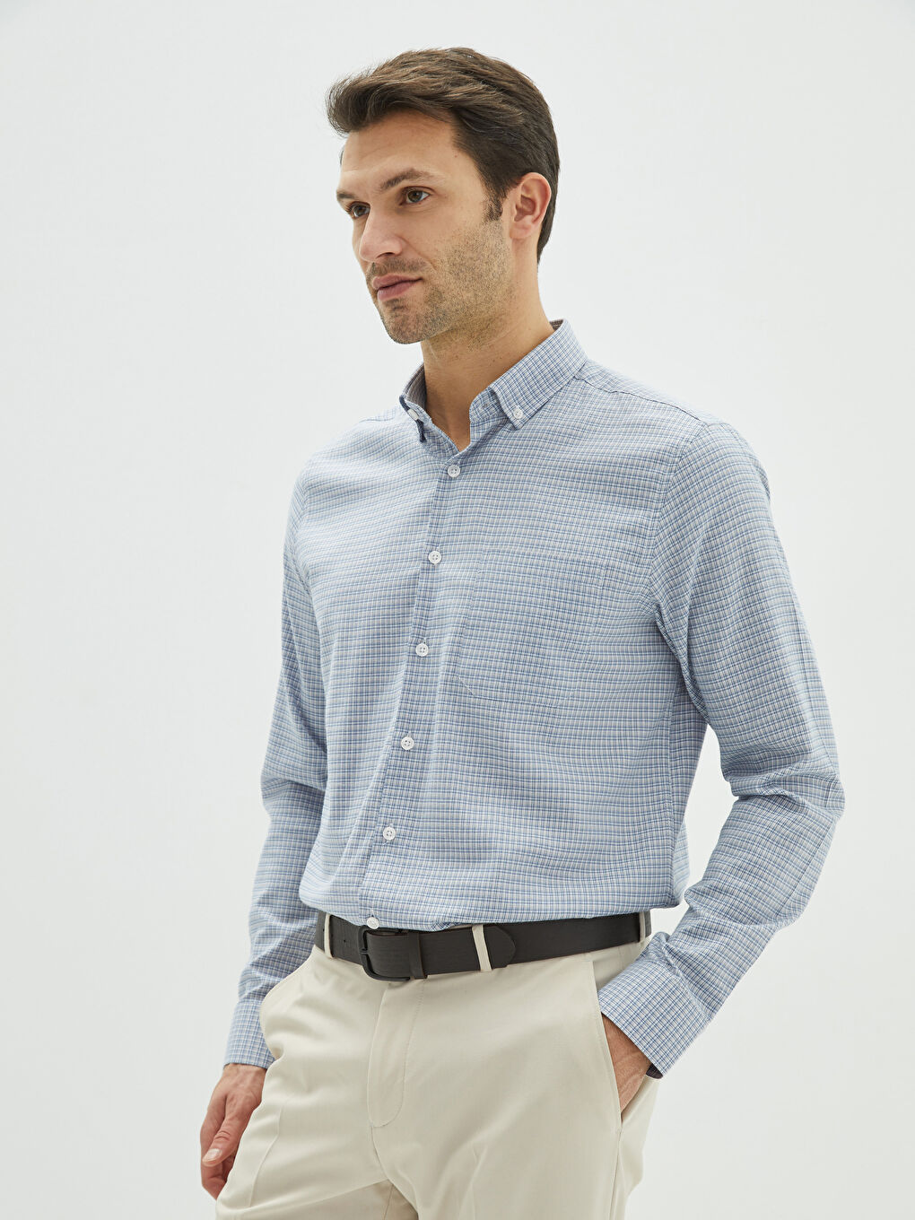 Gri Regular Fit Uzun Kollu Ekose Gabardin Erkek Gömlek-1