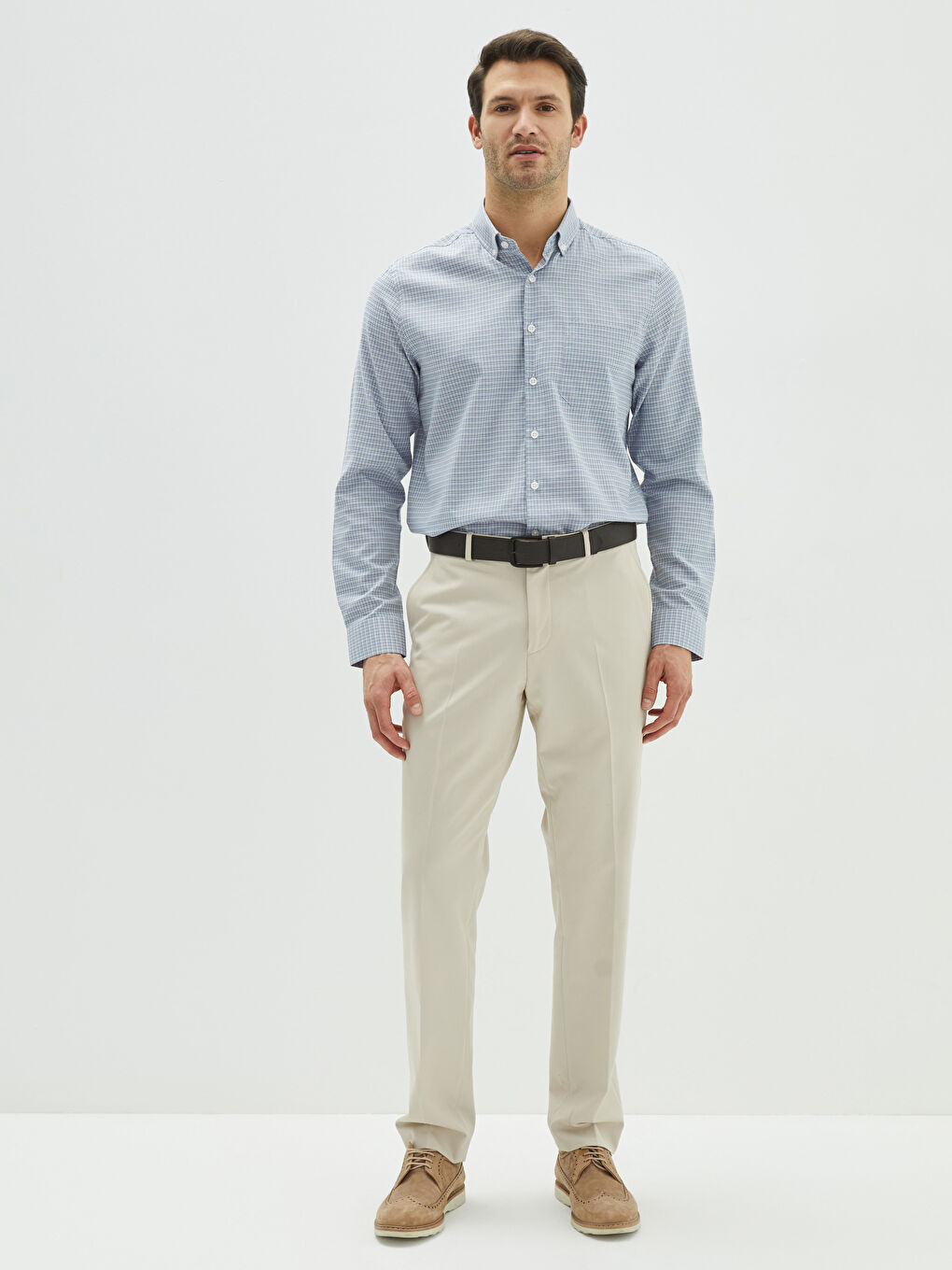 Gri Regular Fit Uzun Kollu Ekose Gabardin Erkek Gömlek-2