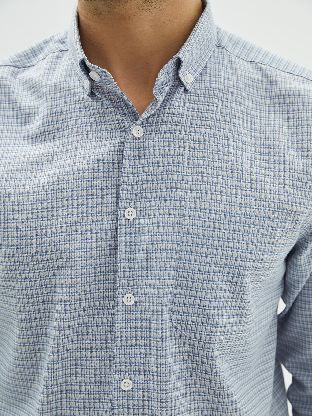 Gri Regular Fit Uzun Kollu Ekose Gabardin Erkek Gömlek-3