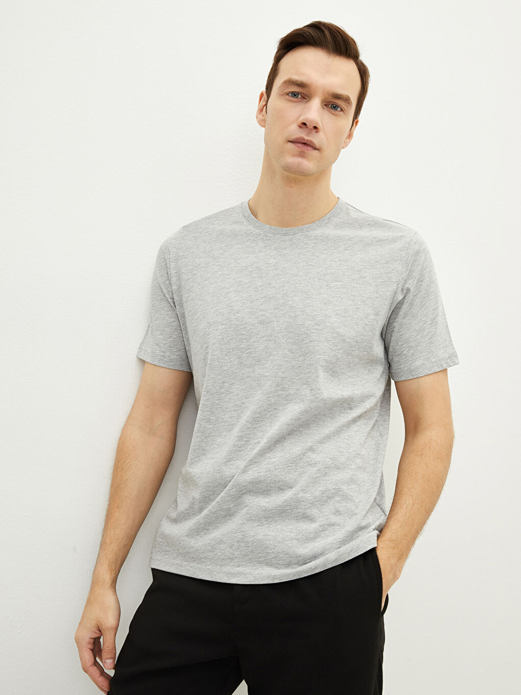 Gri Bisiklet Yaka Penye Erkek Tişört