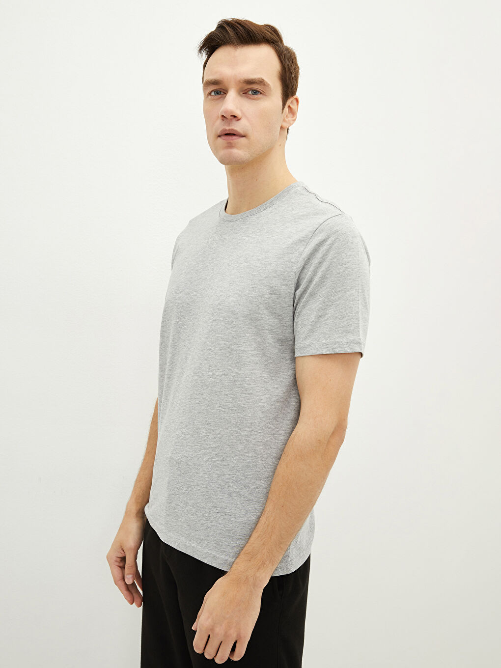 Gri Bisiklet Yaka Penye Erkek Tişört-1