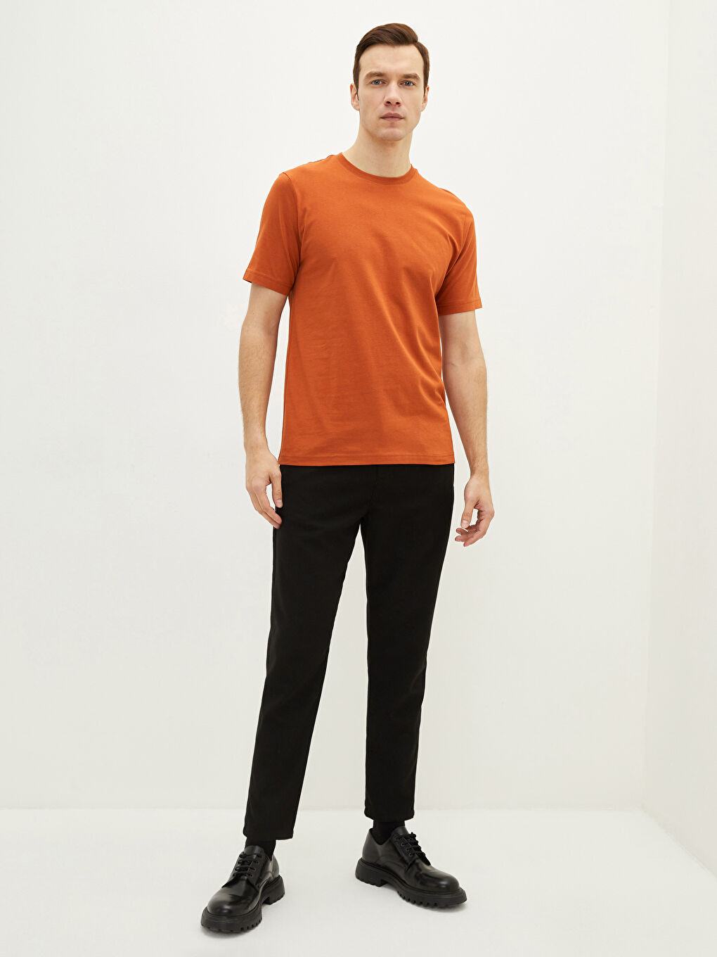 Turuncu Bisiklet Yaka Penye Erkek Tişört-1