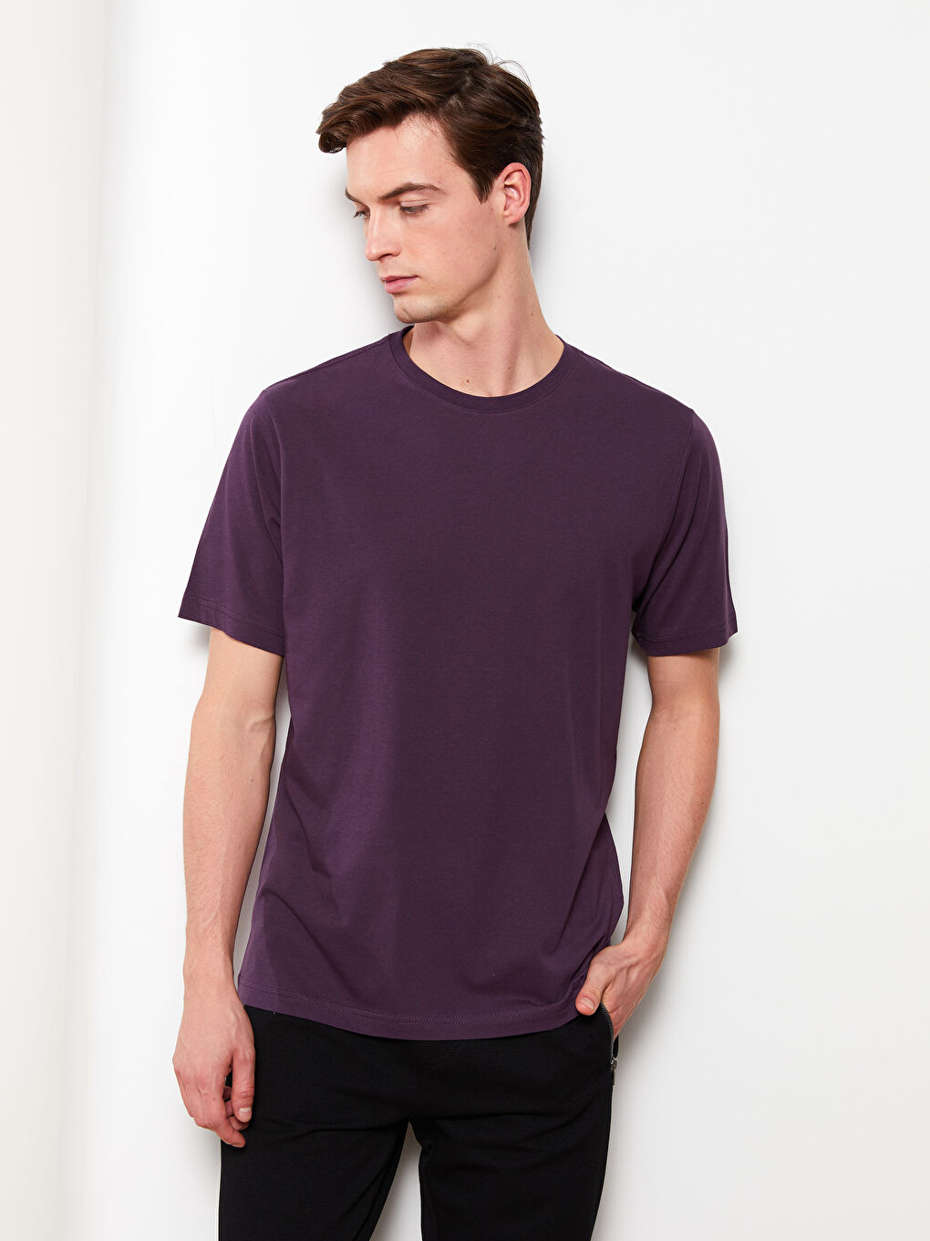 Mor Bisiklet Yaka Penye Erkek Tişört-1