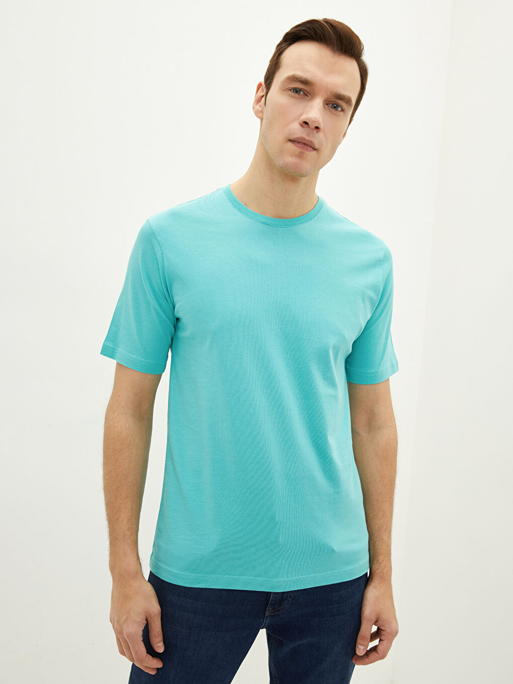 Turkuaz Bisiklet Yaka Penye Erkek Tişört-1