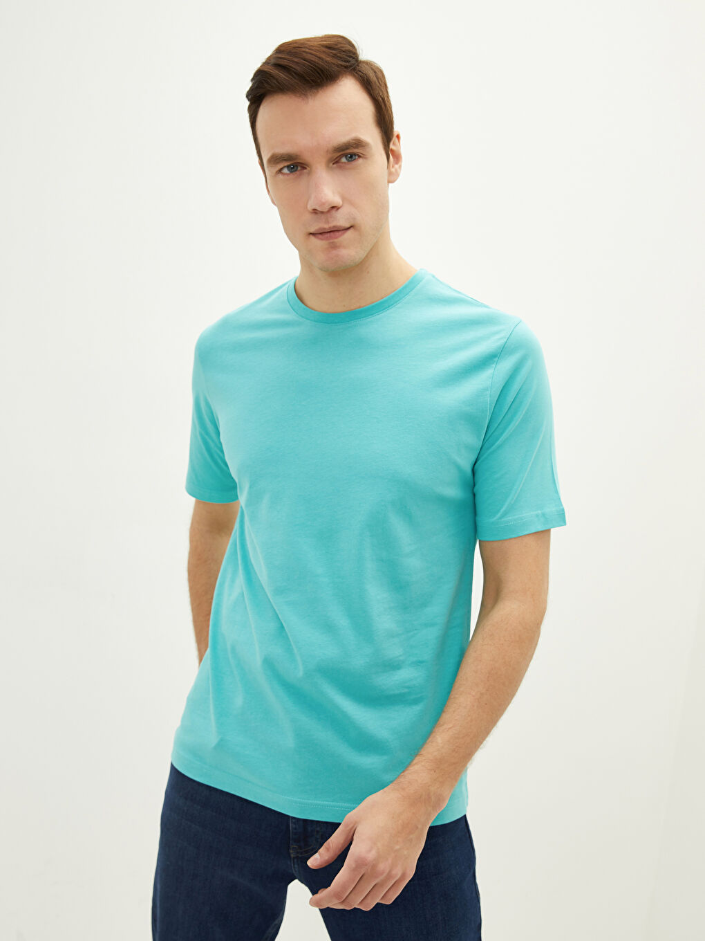 Turkuaz Bisiklet Yaka Penye Erkek Tişört-2