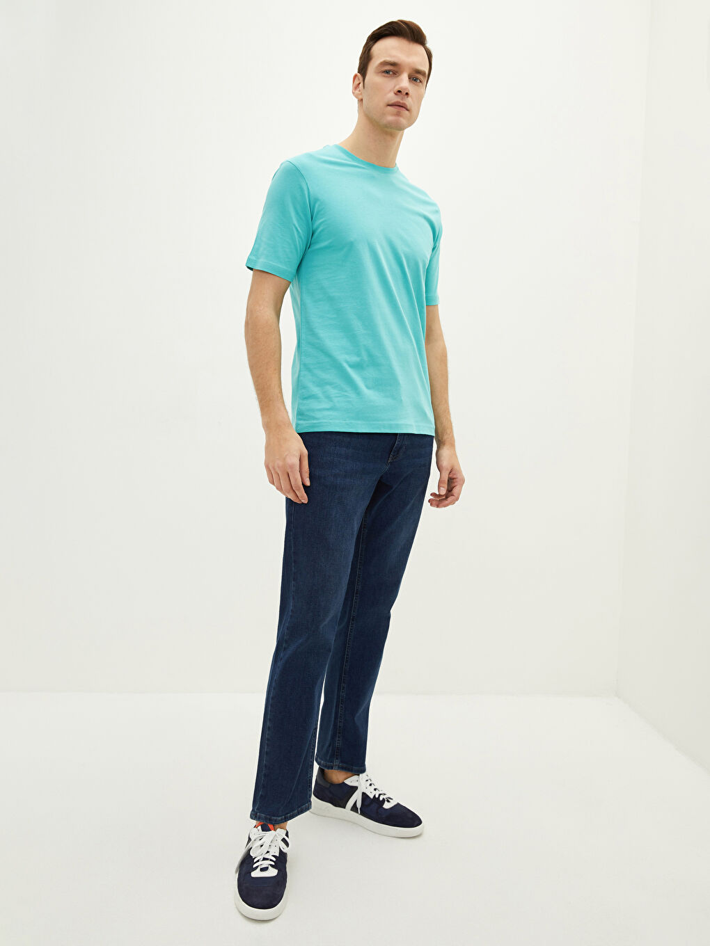 Turkuaz Bisiklet Yaka Penye Erkek Tişört-3