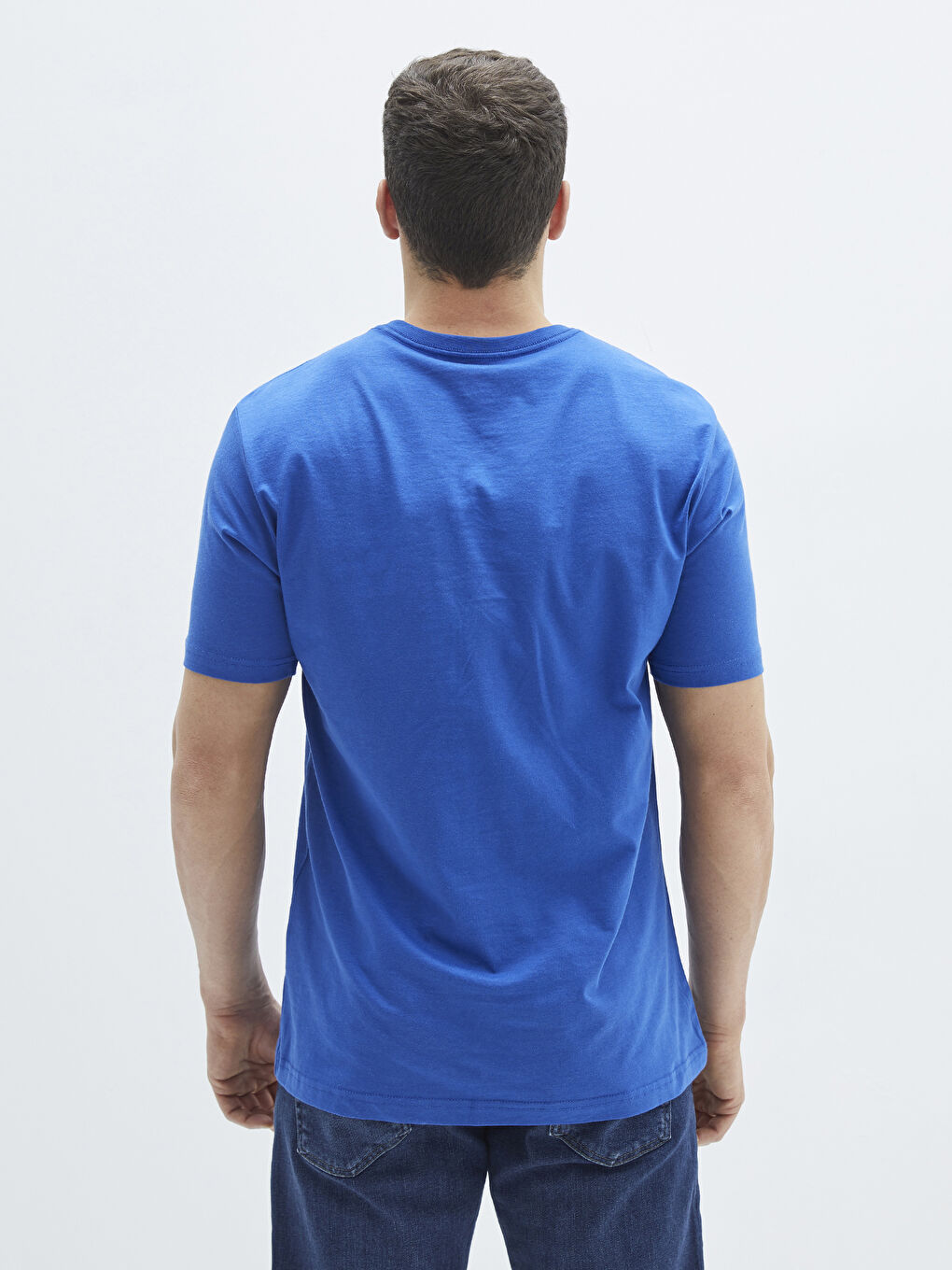 Mavi V Yaka Kısa Kollu Penye Erkek Tişört-4