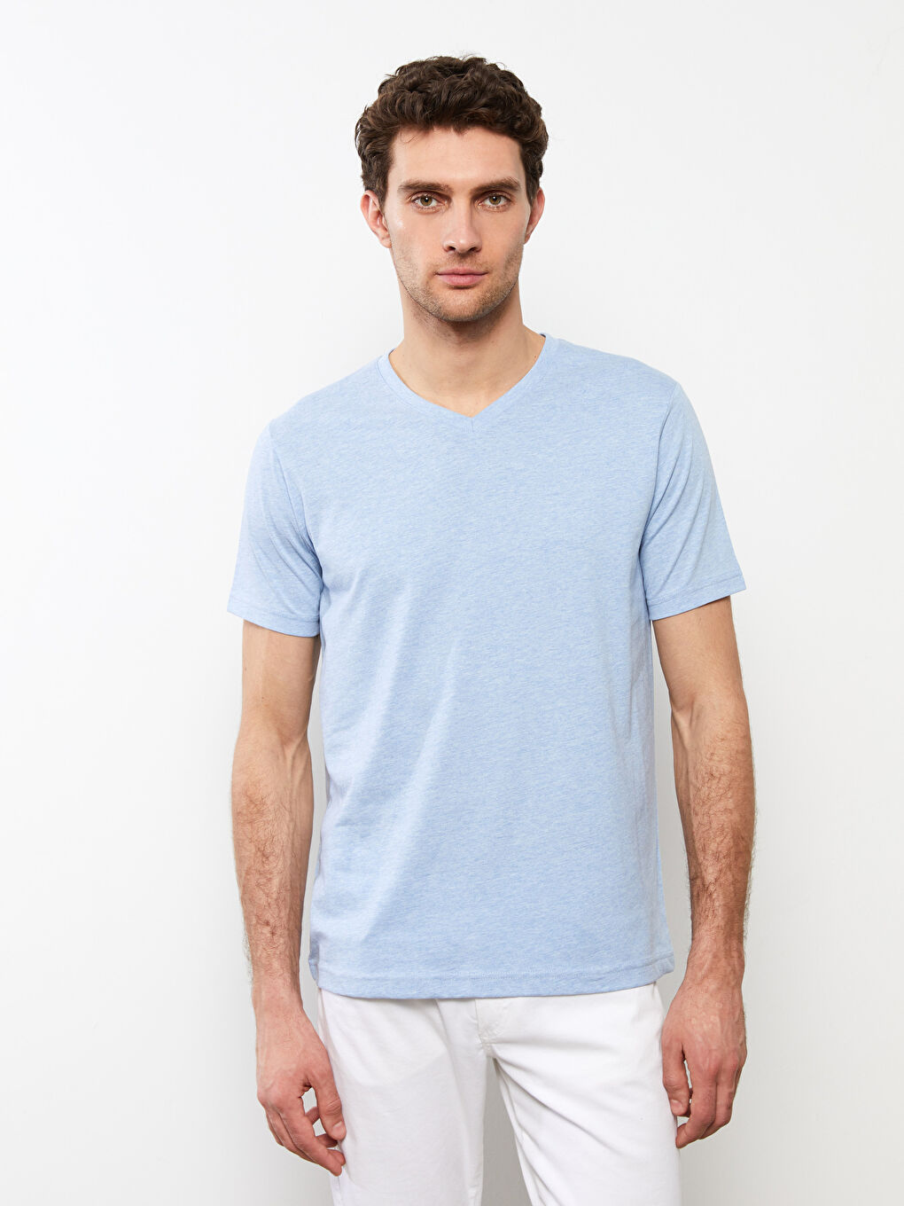 Mavi V Yaka Kısa Kollu Penye Erkek Tişört-2
