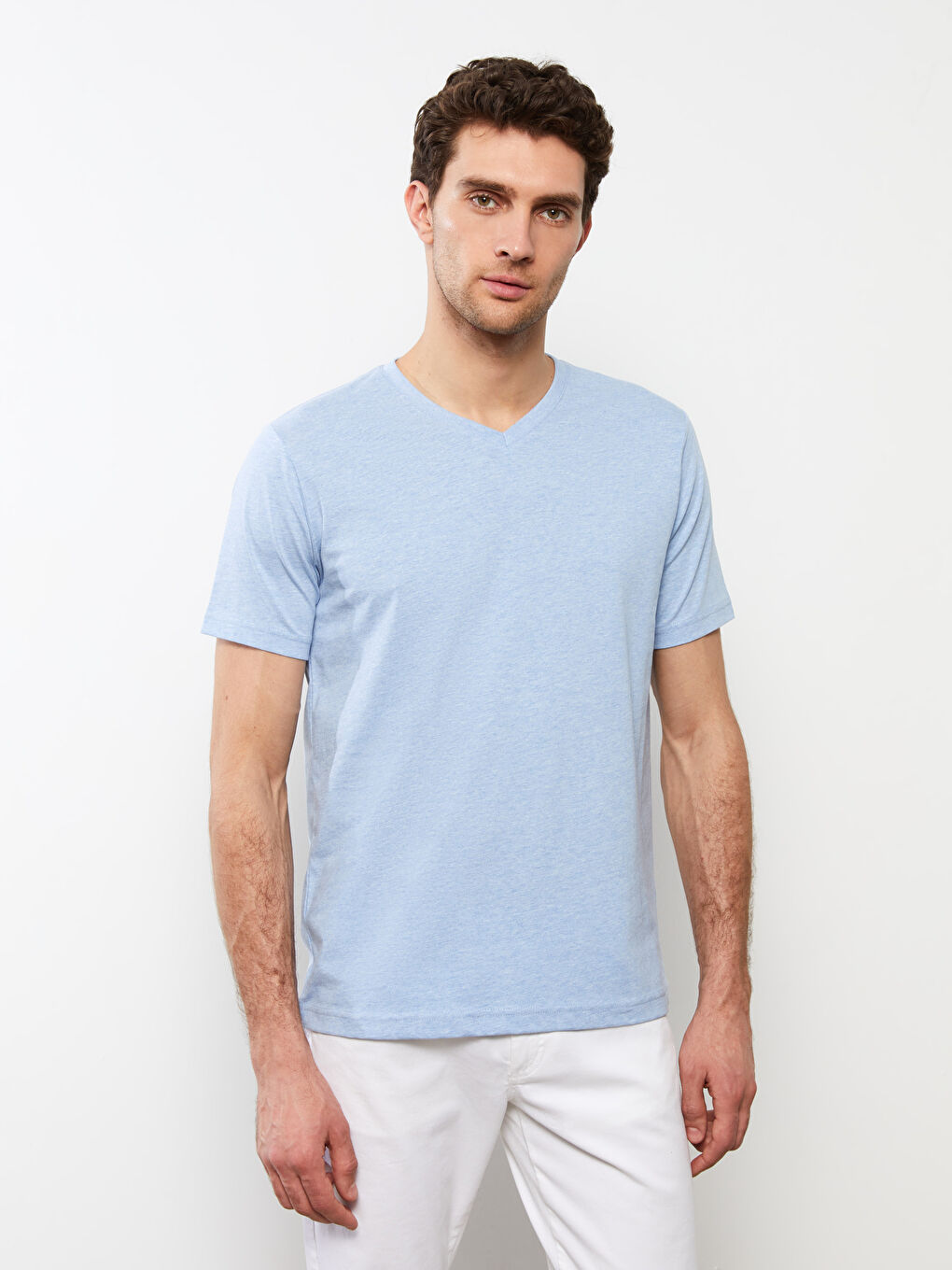 Mavi V Yaka Kısa Kollu Penye Erkek Tişört-3