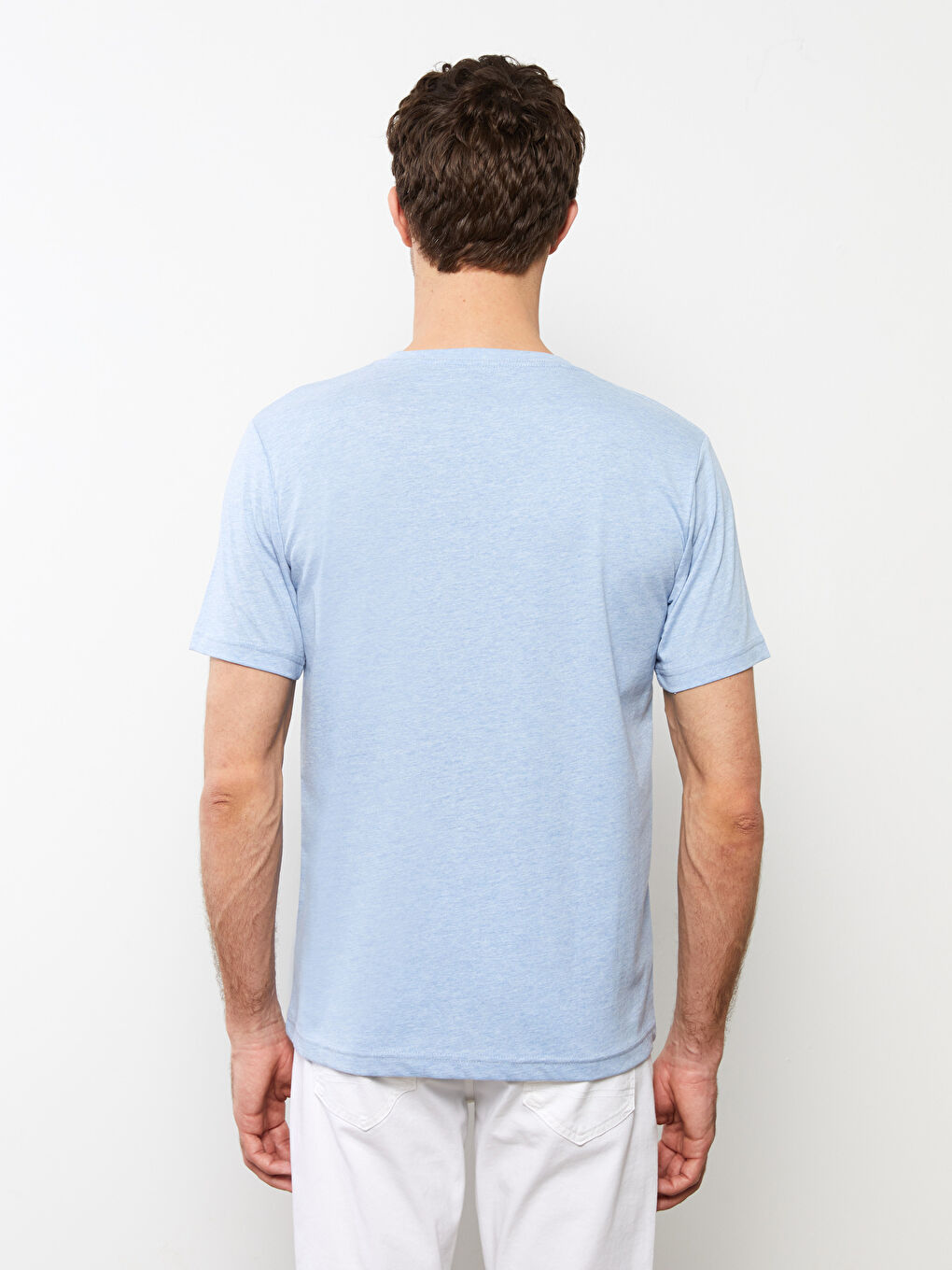Mavi V Yaka Kısa Kollu Penye Erkek Tişört-5