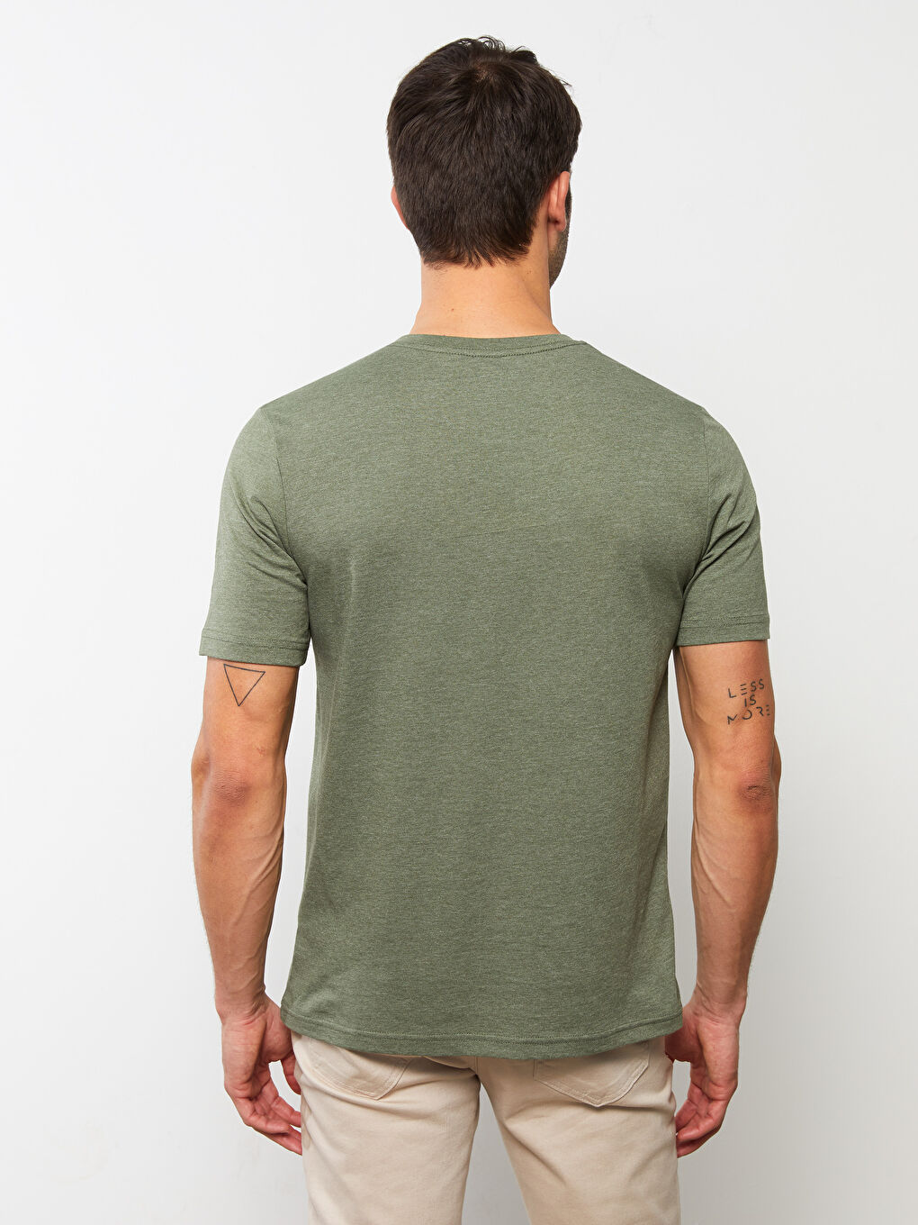 Haki V Yaka Kısa Kollu Penye Erkek Tişört-2