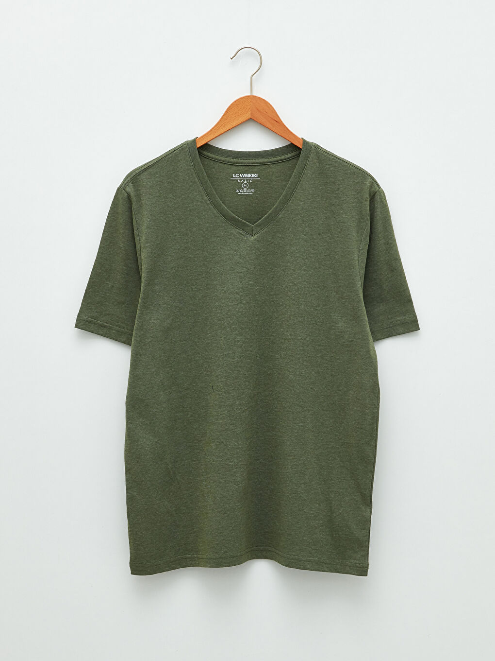 Haki V Yaka Kısa Kollu Penye Erkek Tişört-3