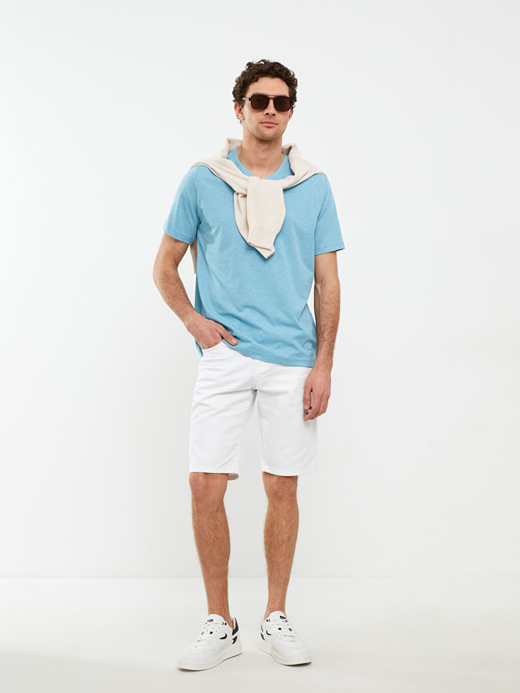 Turkuaz V Yaka Kısa Kollu Penye Erkek Tişört