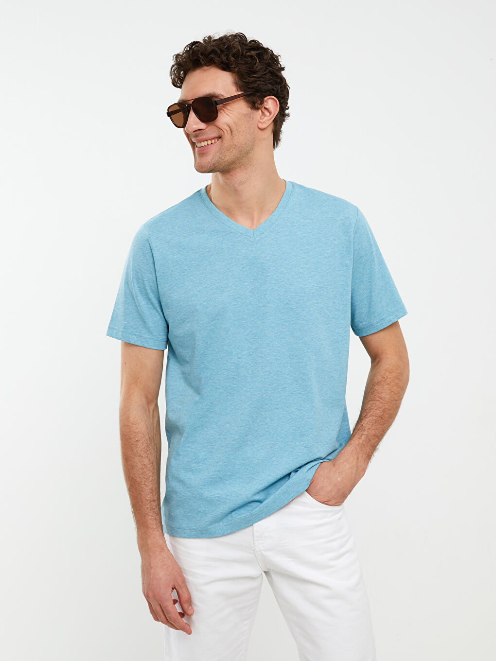 Turkuaz V Yaka Kısa Kollu Penye Erkek Tişört-2