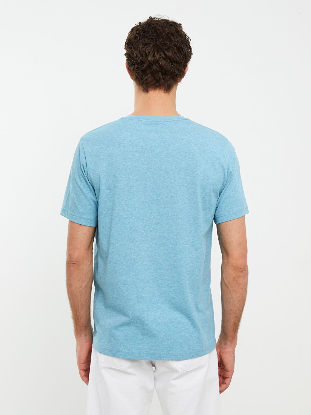 Turkuaz V Yaka Kısa Kollu Penye Erkek Tişört-4