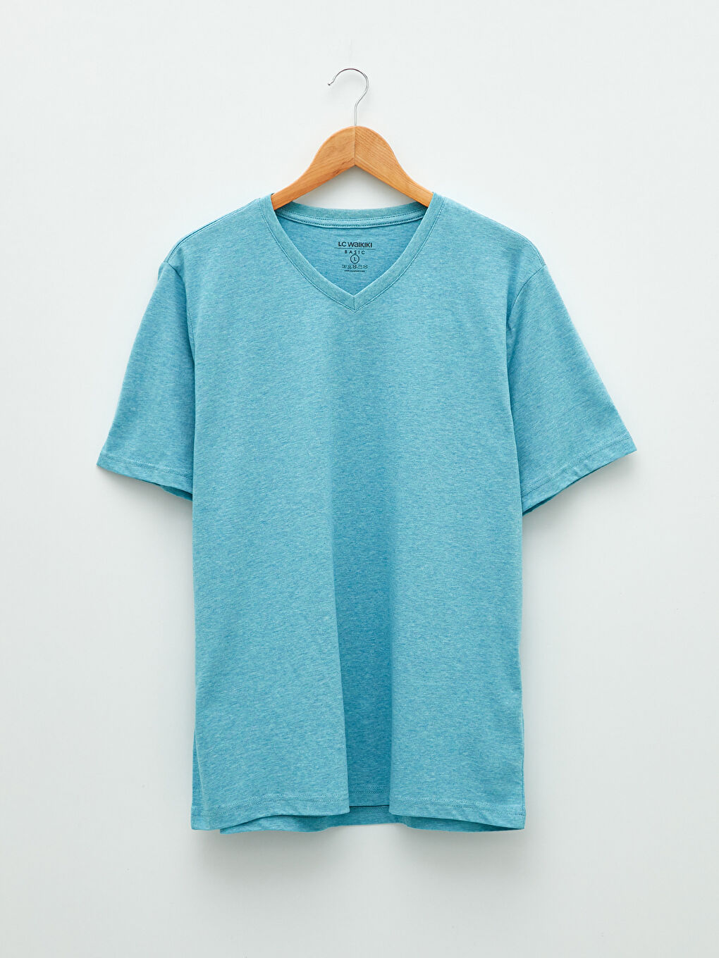 Turkuaz V Yaka Kısa Kollu Penye Erkek Tişört-5