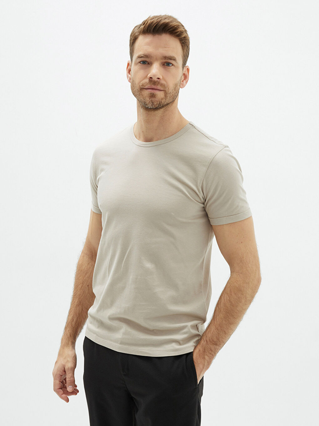 Bej Bisiklet Yaka Penye Erkek Tişört