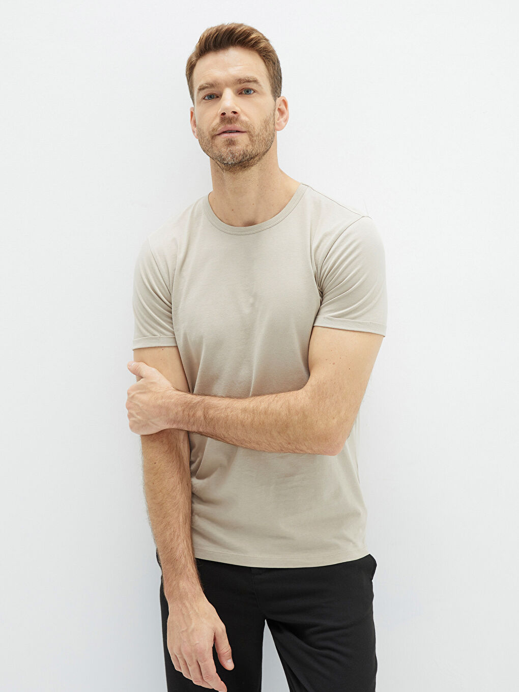 Bej Bisiklet Yaka Penye Erkek Tişört-1