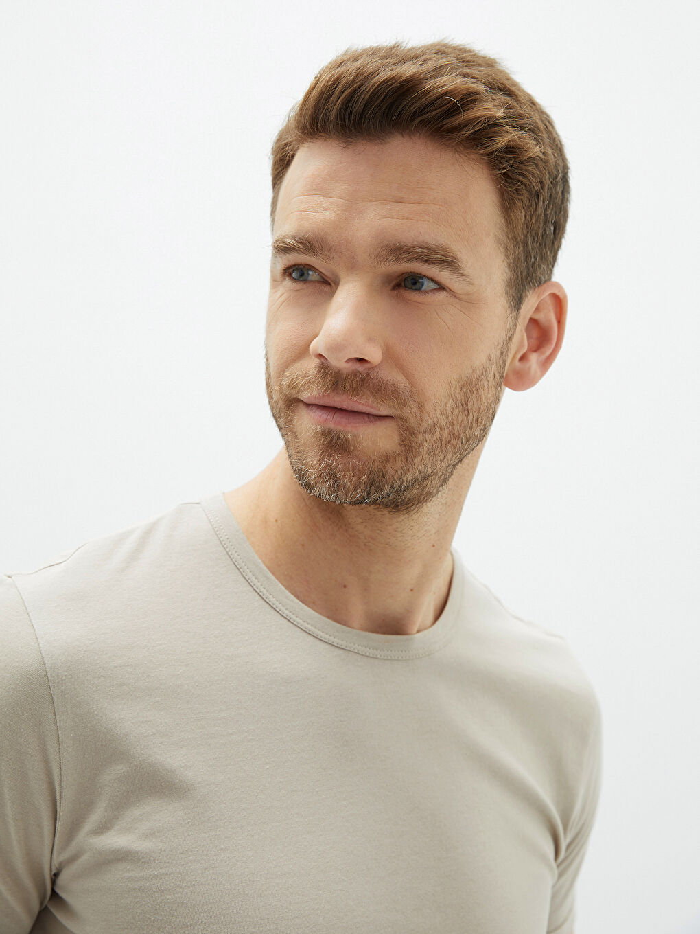 Bej Bisiklet Yaka Penye Erkek Tişört-3