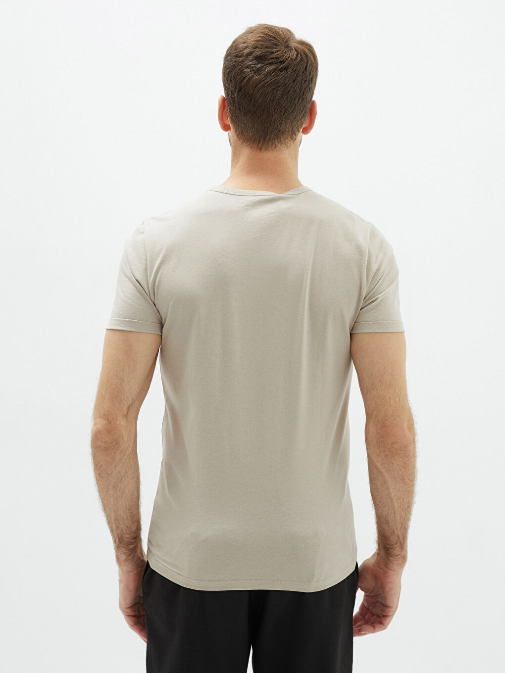 Bej Bisiklet Yaka Penye Erkek Tişört-4