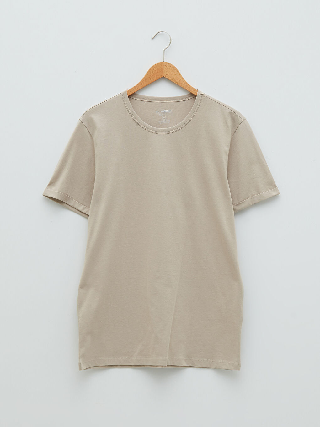 Bej Bisiklet Yaka Penye Erkek Tişört-5