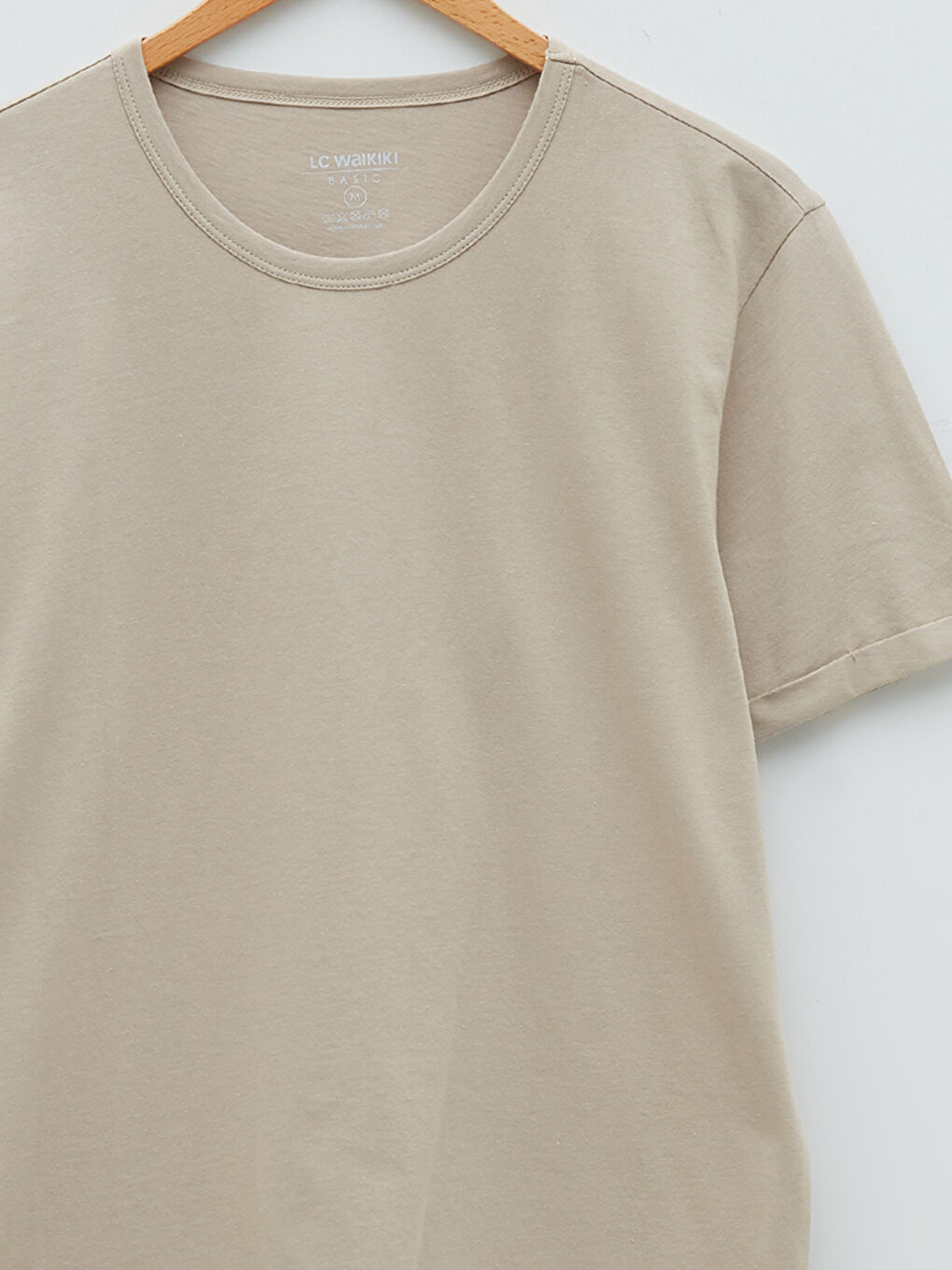 Bej Bisiklet Yaka Penye Erkek Tişört-7