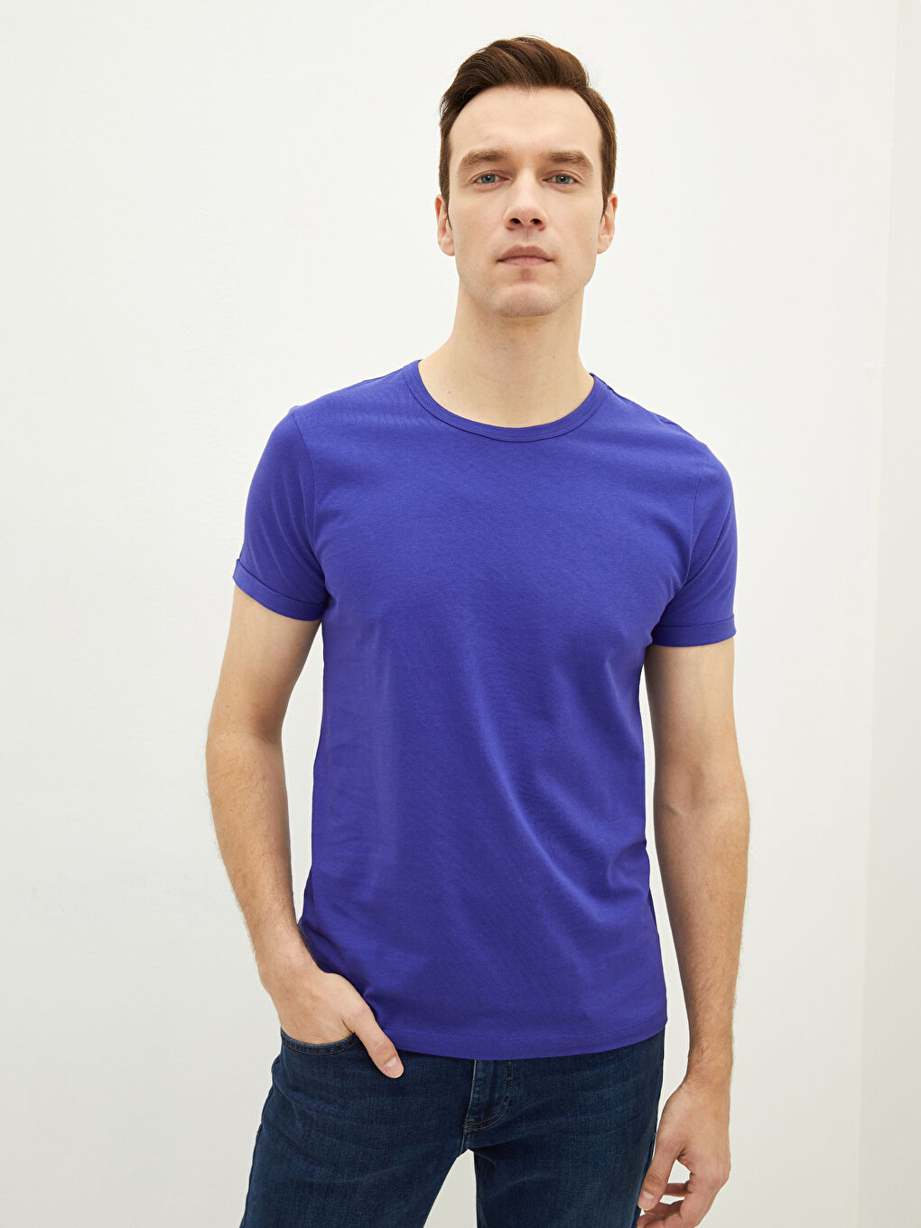 Mor Bisiklet Yaka Penye Erkek Tişört-1