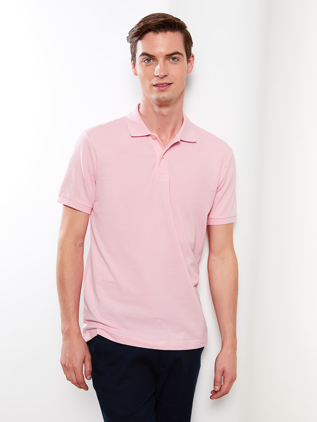 Pembe Polo Yaka Kısa Kollu Pike Erkek Tişört-2