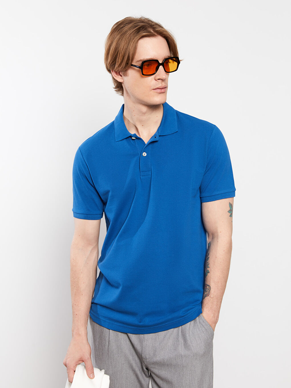 Mavi Polo Yaka Kısa Kollu Pike Erkek Tişört-2