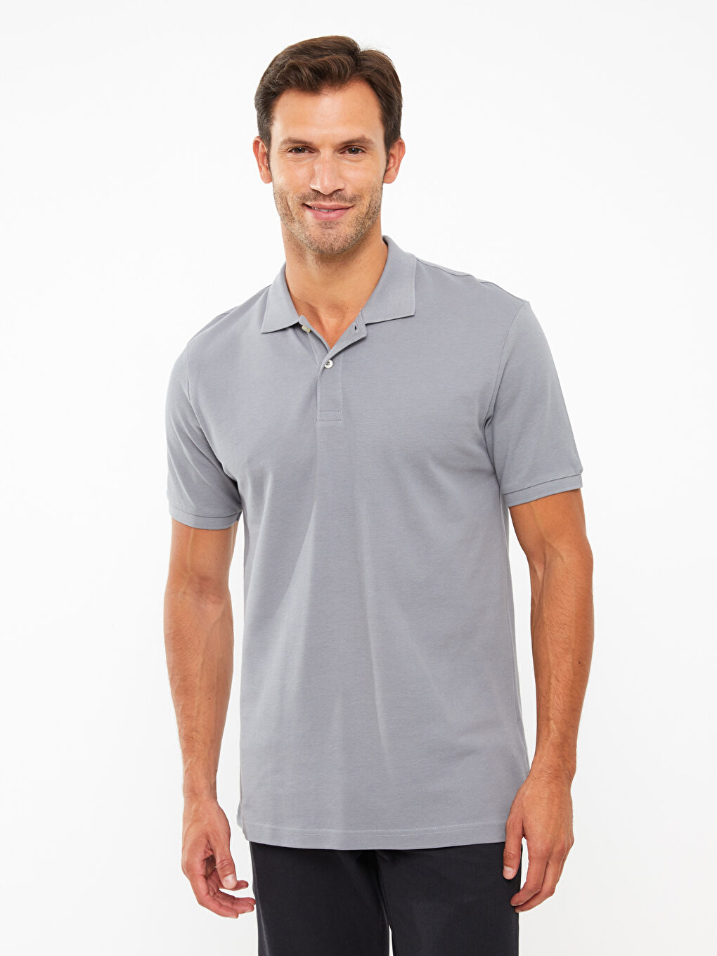 Gri Polo Yaka Kısa Kollu Pike Erkek Tişört-2