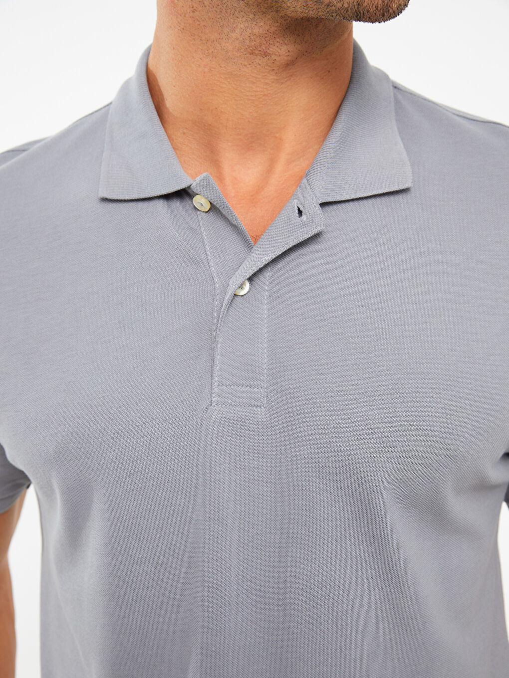 Gri Polo Yaka Kısa Kollu Pike Erkek Tişört-3