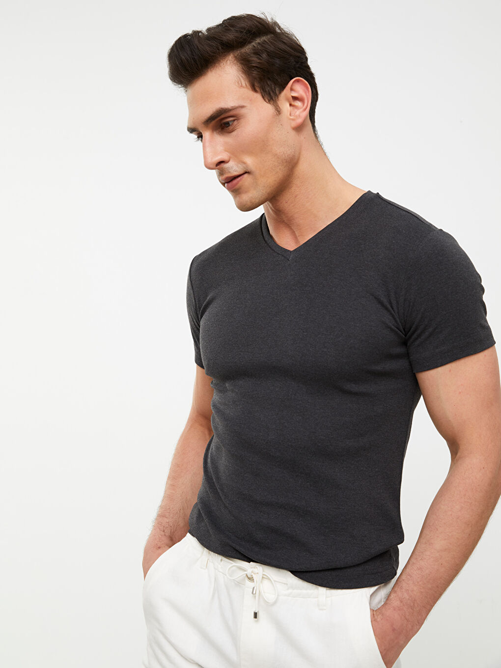 V Neck Short Sleeve Basic Men's T-Shirt-1