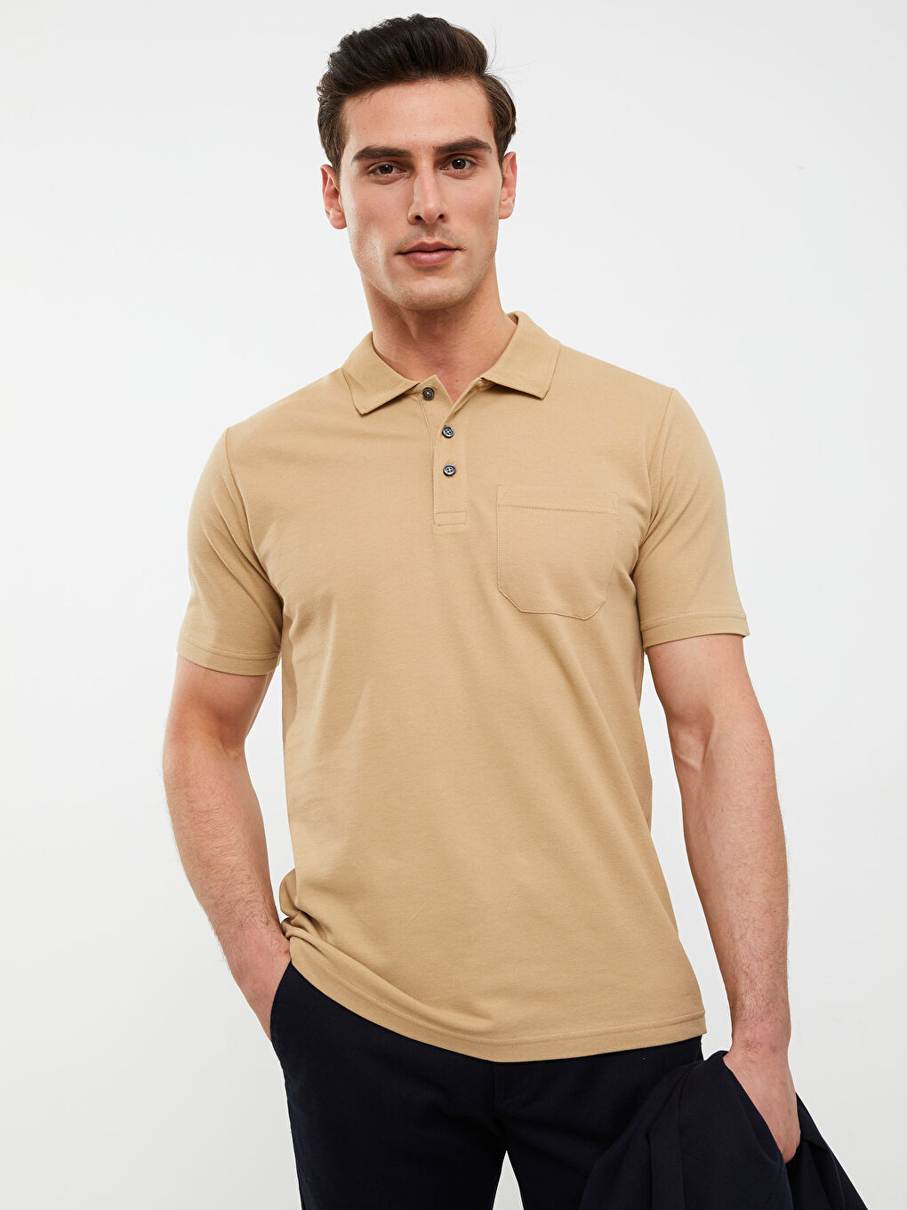 Bej Polo Yaka Kısa Kollu Pike Erkek Tişört-1