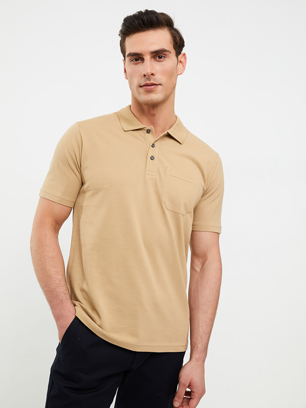 Bej Polo Yaka Kısa Kollu Pike Erkek Tişört-2