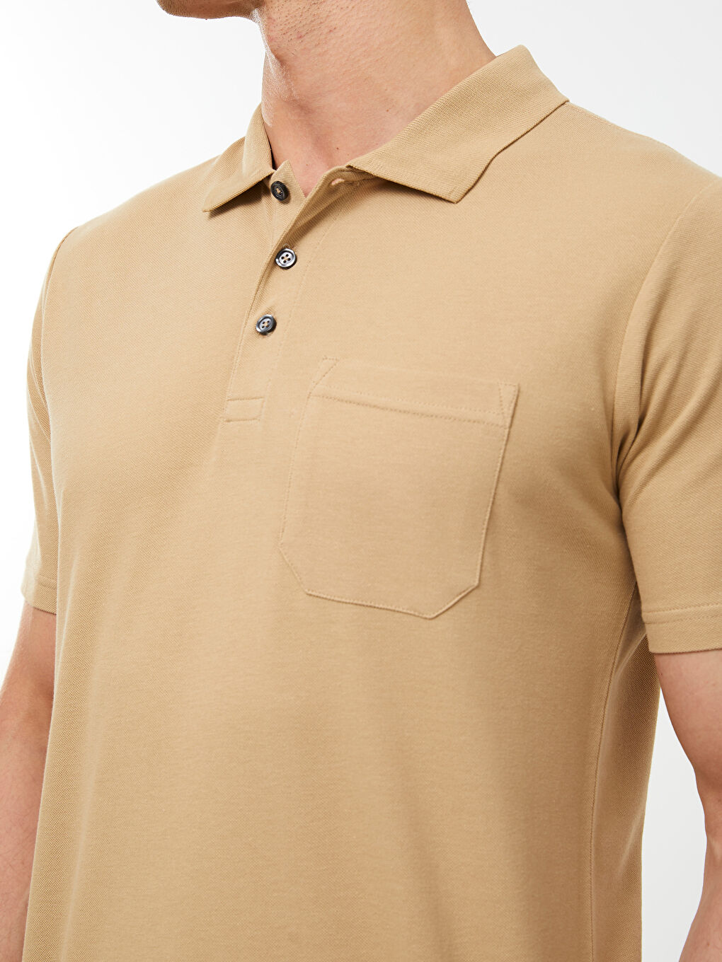 Bej Polo Yaka Kısa Kollu Pike Erkek Tişört-3