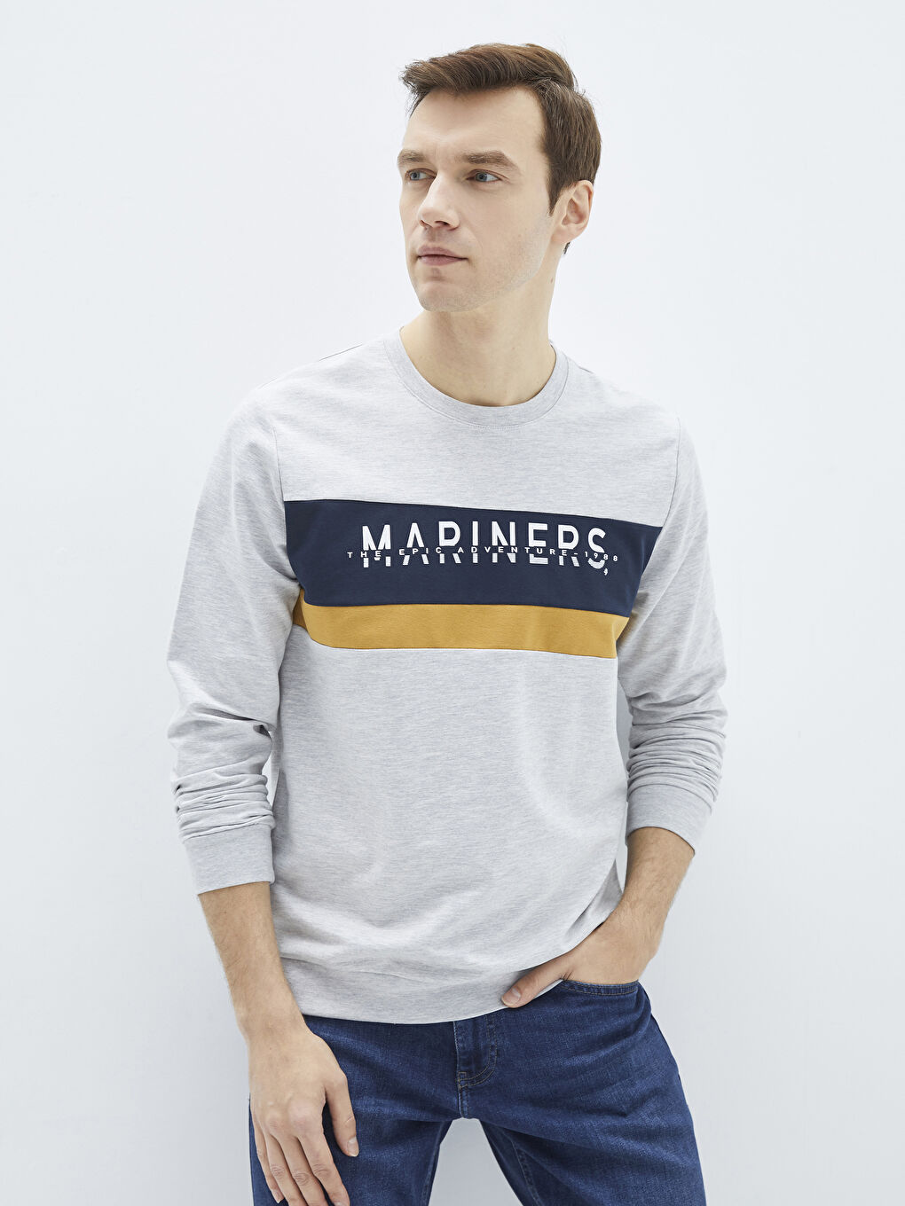 Bej Bisiklet Yaka Uzun Kollu Baskılı Erkek Sweatshirt-3