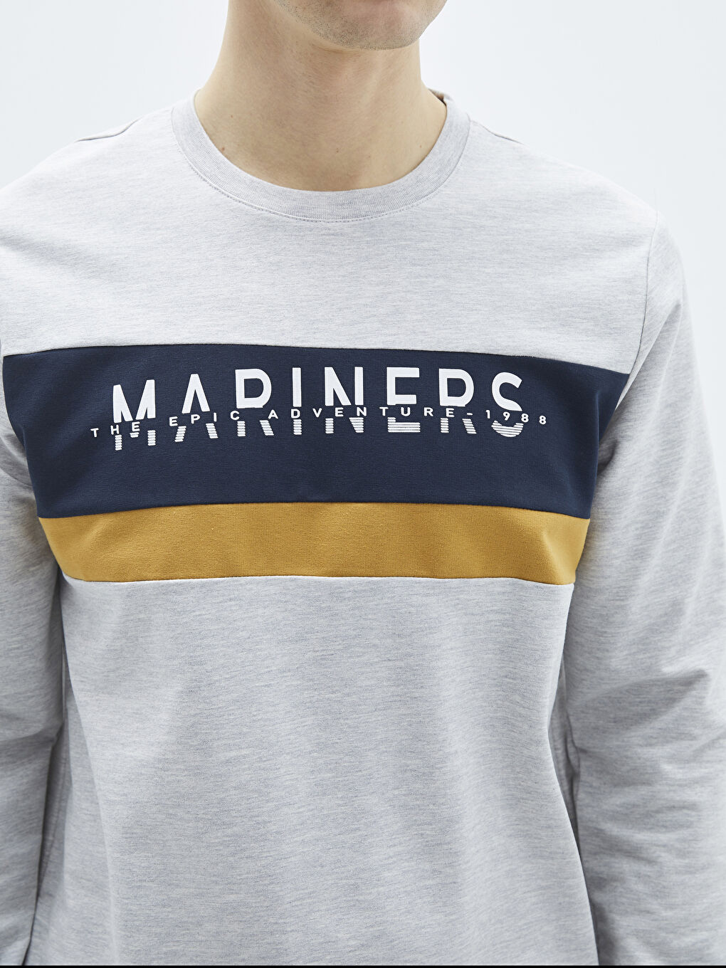 Bej Bisiklet Yaka Uzun Kollu Baskılı Erkek Sweatshirt-7