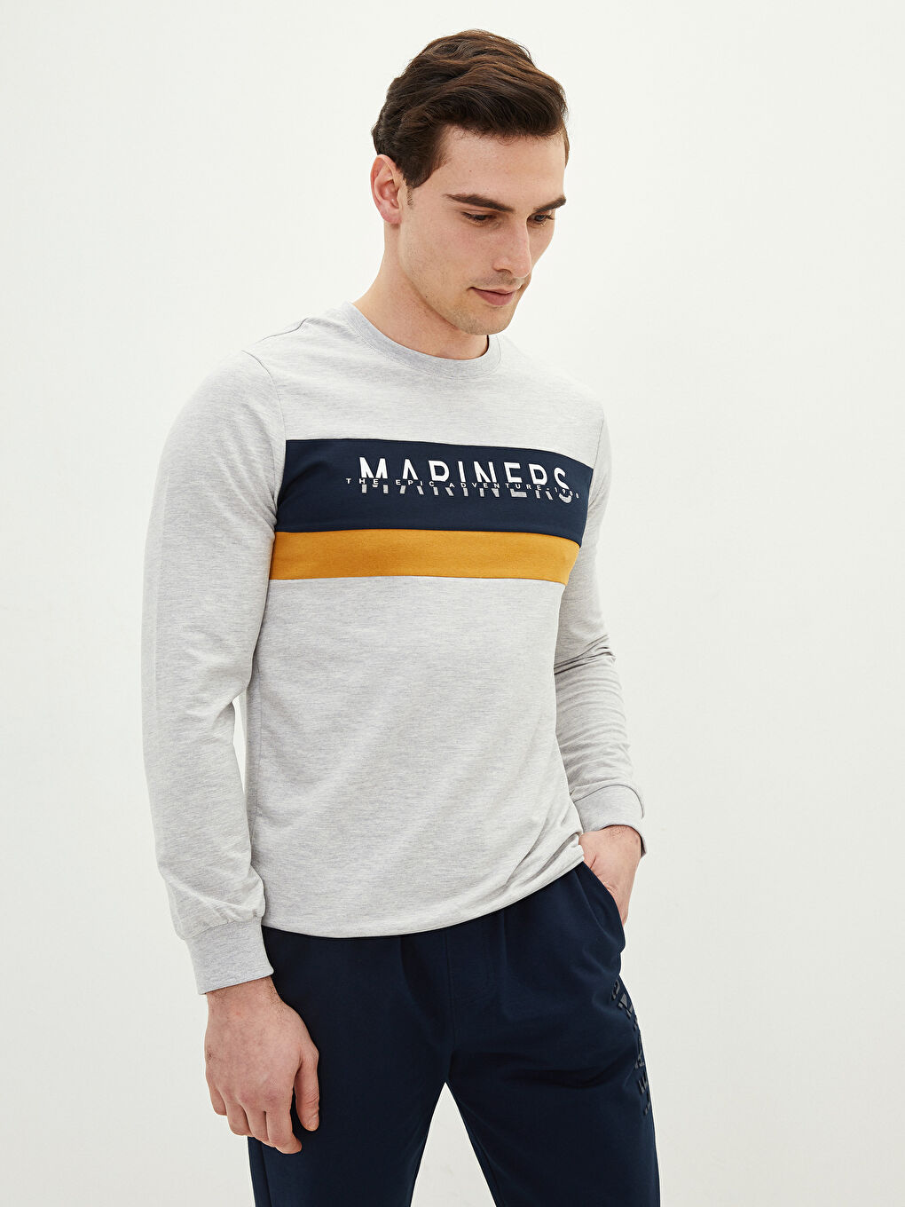 Bej Bisiklet Yaka Uzun Kollu Baskılı Erkek Sweatshirt-2