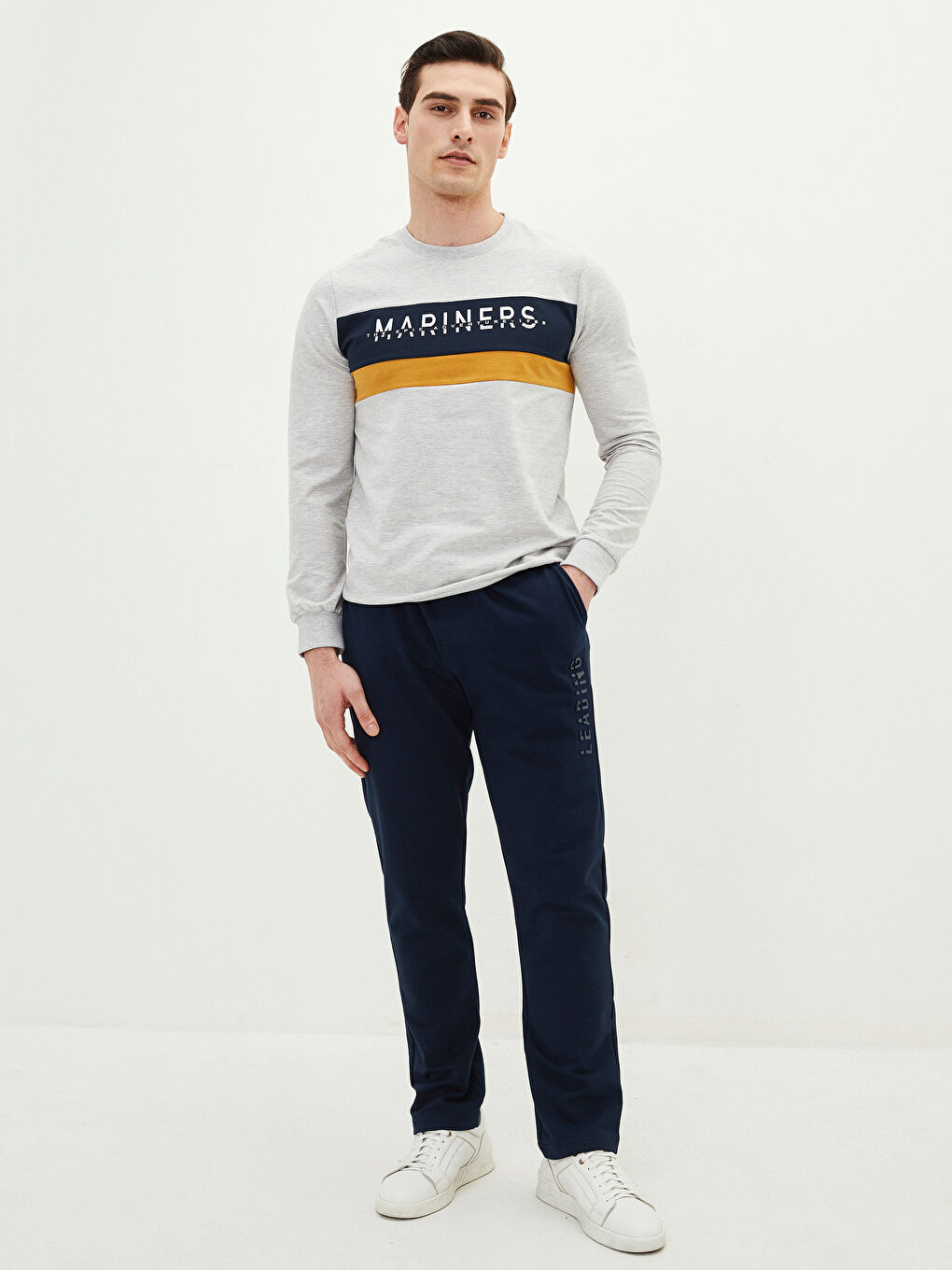 Bej Bisiklet Yaka Uzun Kollu Baskılı Erkek Sweatshirt-4