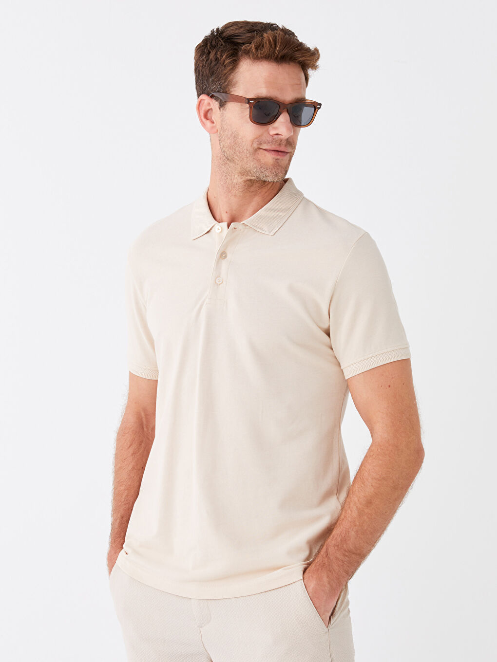 Bej Polo Yaka Kısa Kollu Pike Erkek Tişört