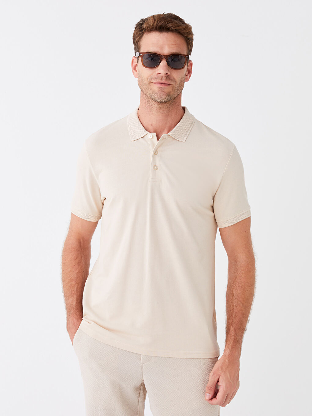 Bej Polo Yaka Kısa Kollu Pike Erkek Tişört-1
