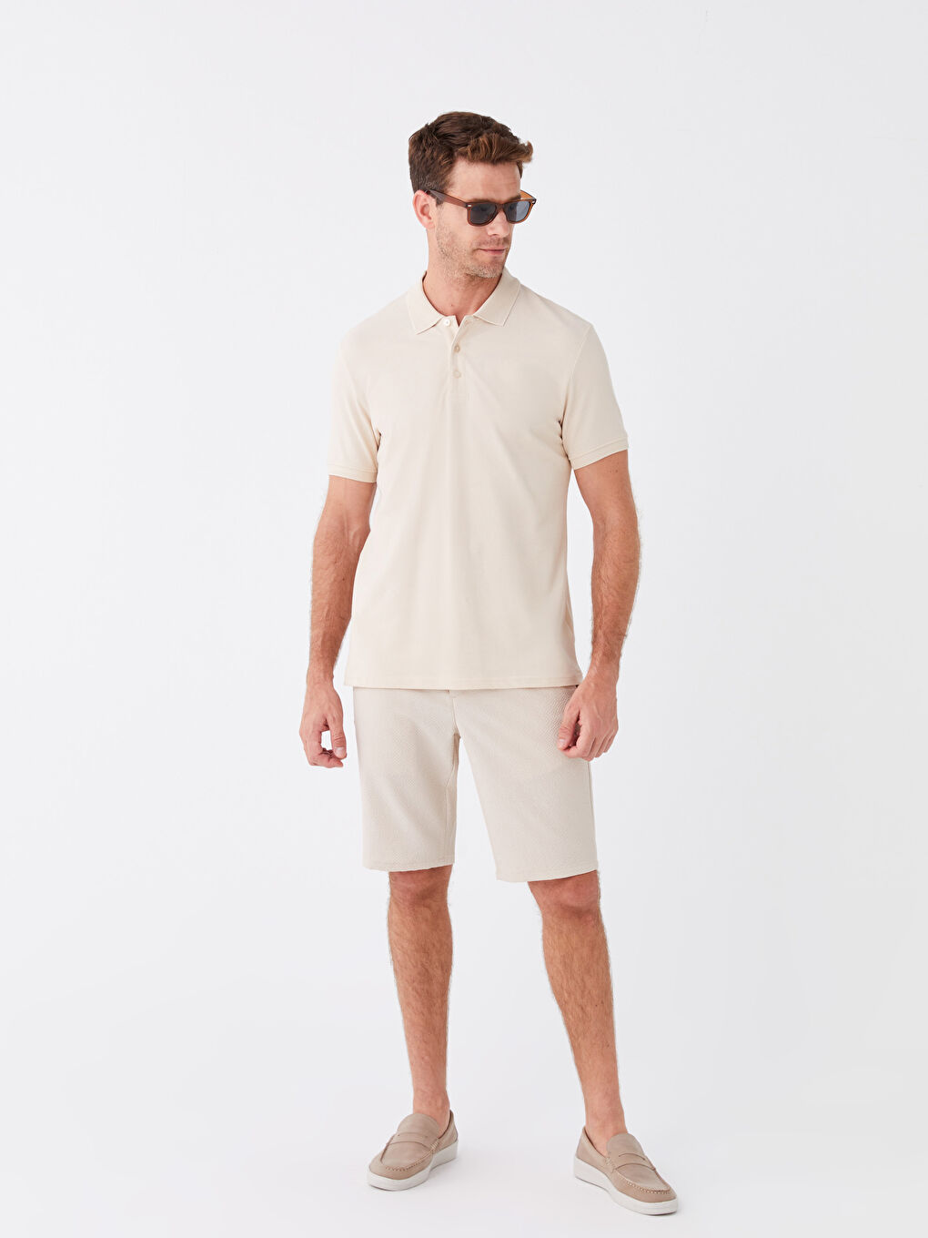 Bej Polo Yaka Kısa Kollu Pike Erkek Tişört-2