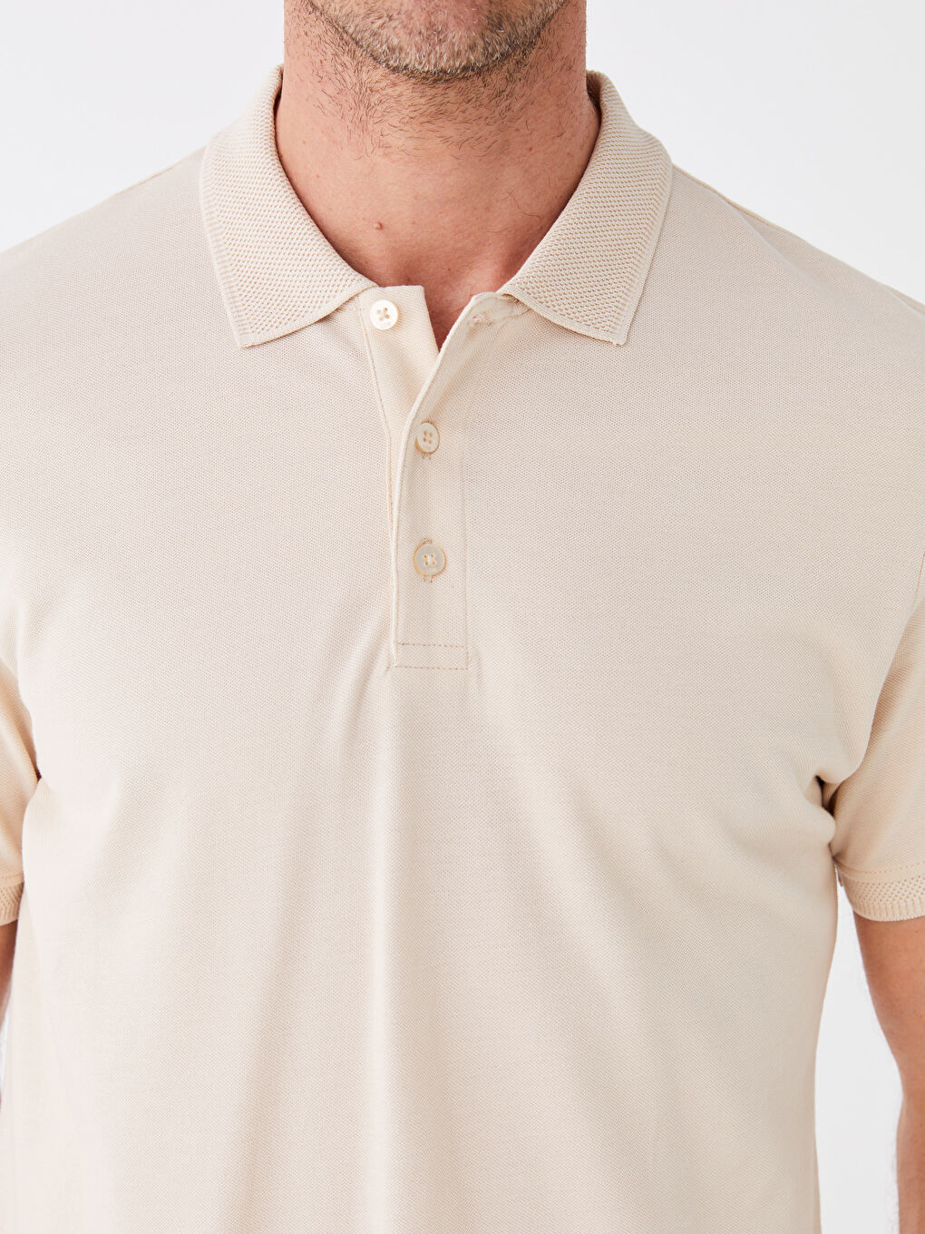 Bej Polo Yaka Kısa Kollu Pike Erkek Tişört-3