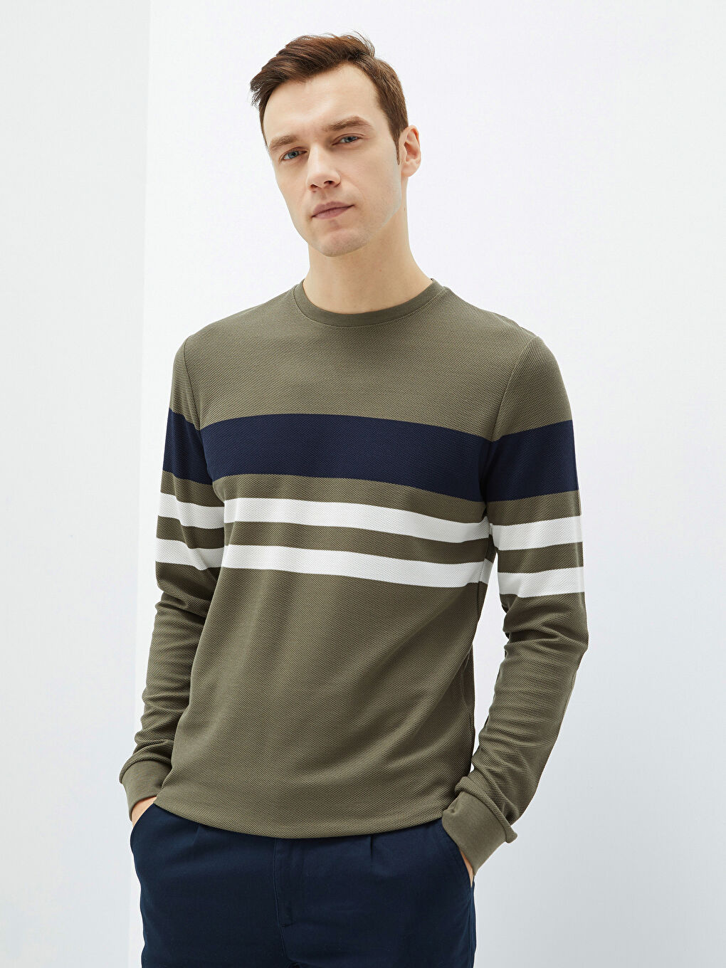 Yeşil Bisiklet Yaka Uzun Kollu Çizgili Erkek Sweatshirt