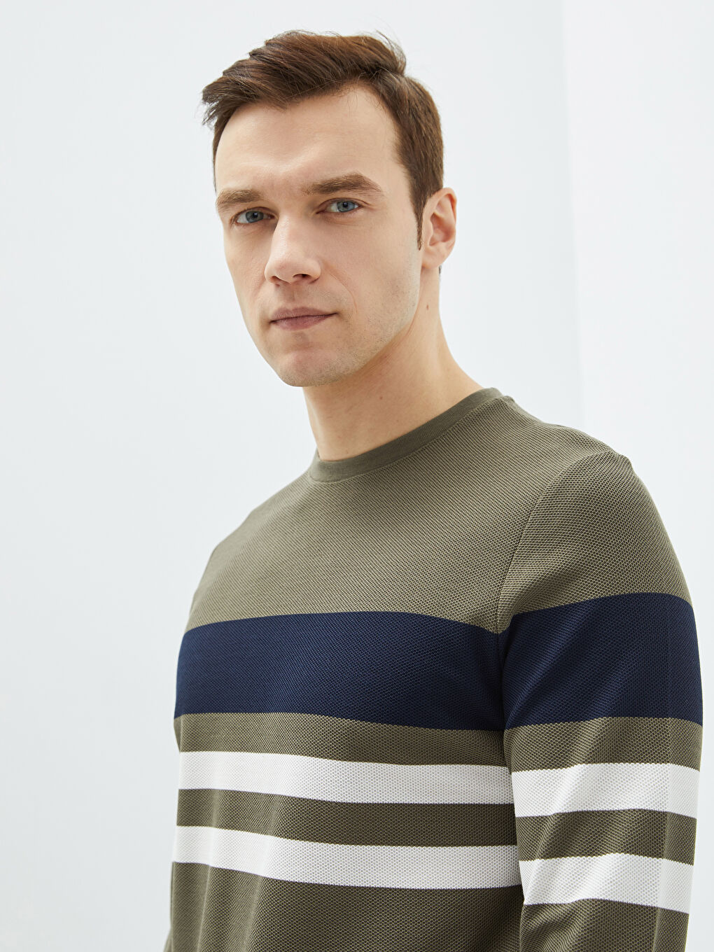 Yeşil Bisiklet Yaka Uzun Kollu Çizgili Erkek Sweatshirt-1