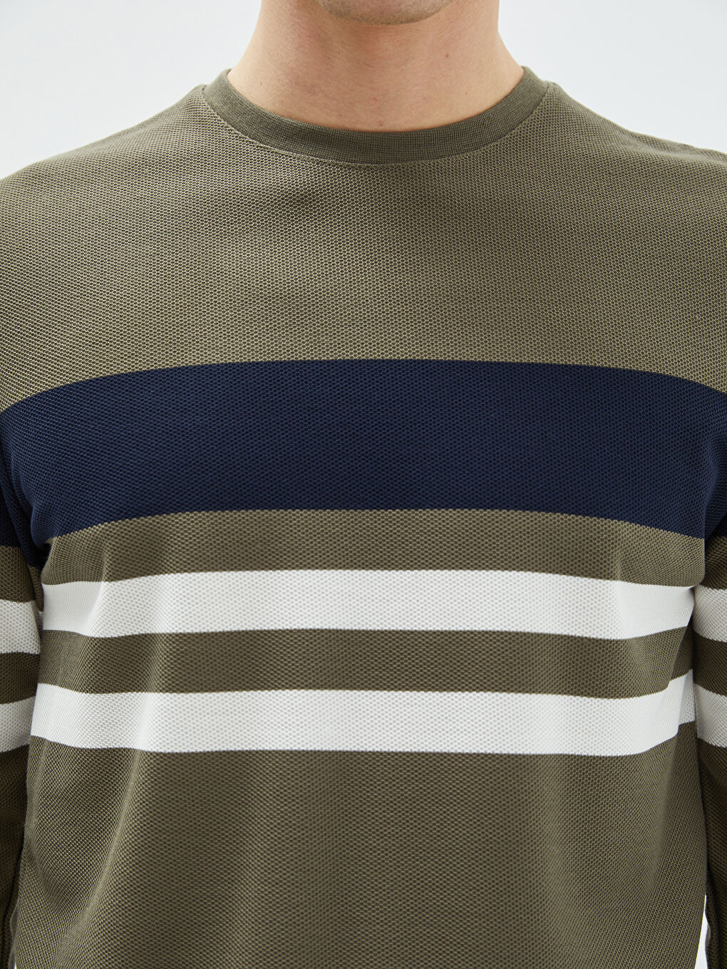 Yeşil Bisiklet Yaka Uzun Kollu Çizgili Erkek Sweatshirt-3